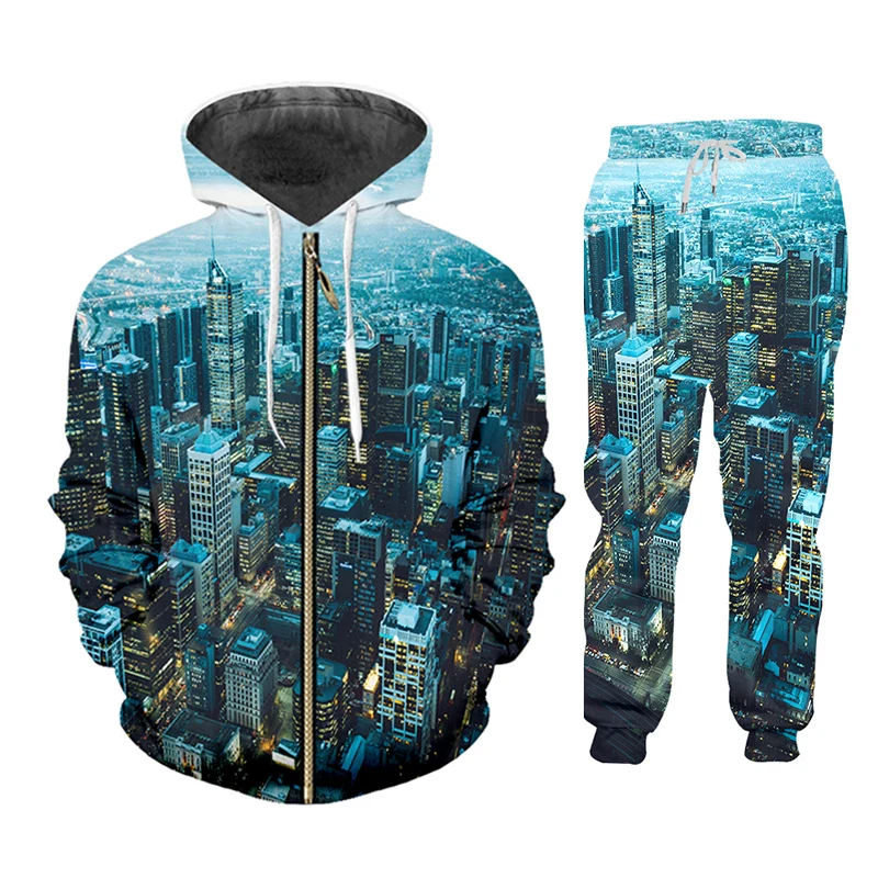 

UJWI Sets Tracksuit Men Winter Hooded Sweatshirt Prosperous Building Outfit Sportswear Male Suit Pullover Two Piece Set Casual