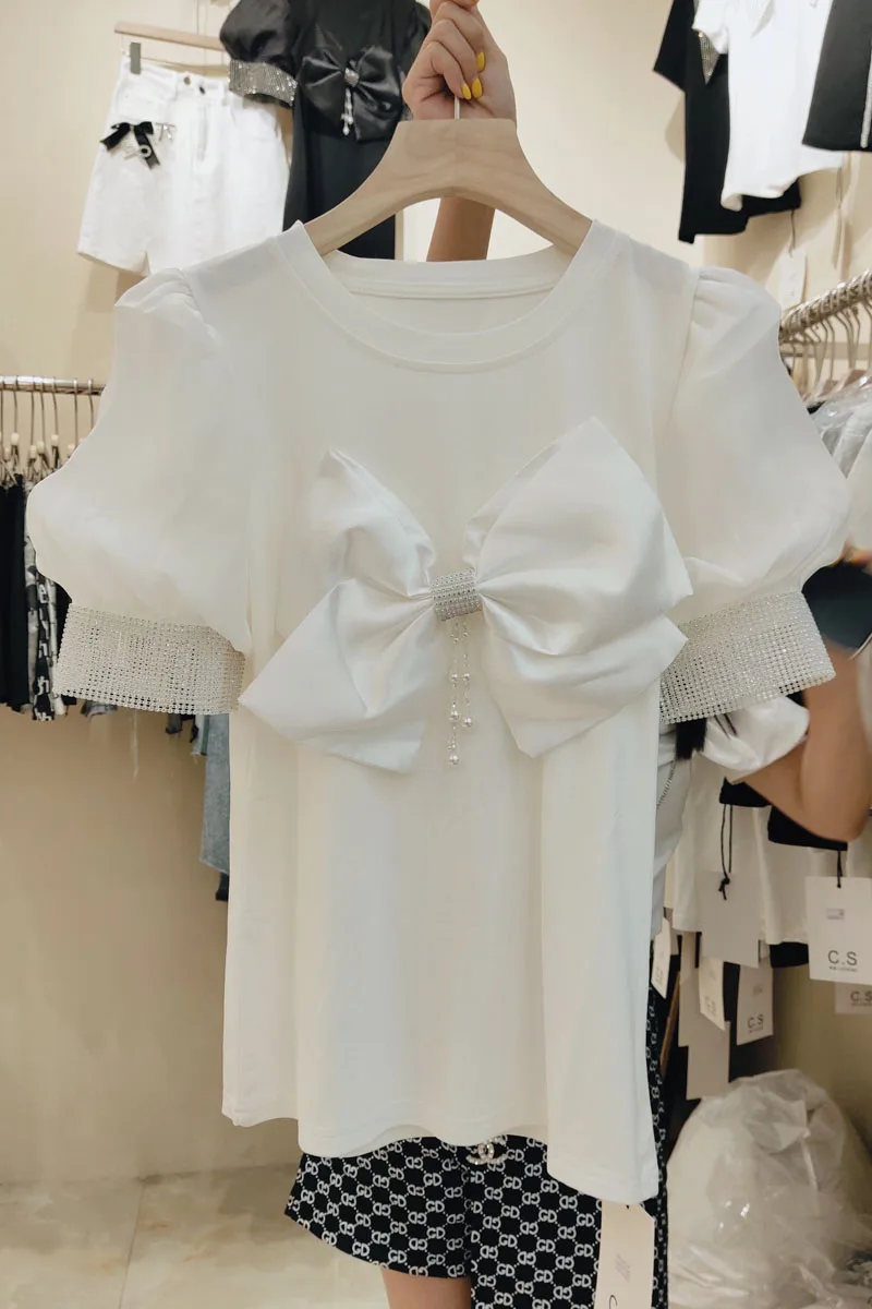 

2021 Summer New Bow Diamond Short Puff Sleeve Loose Thin T-shirt Women Round Collar Solid Color All-matching Top