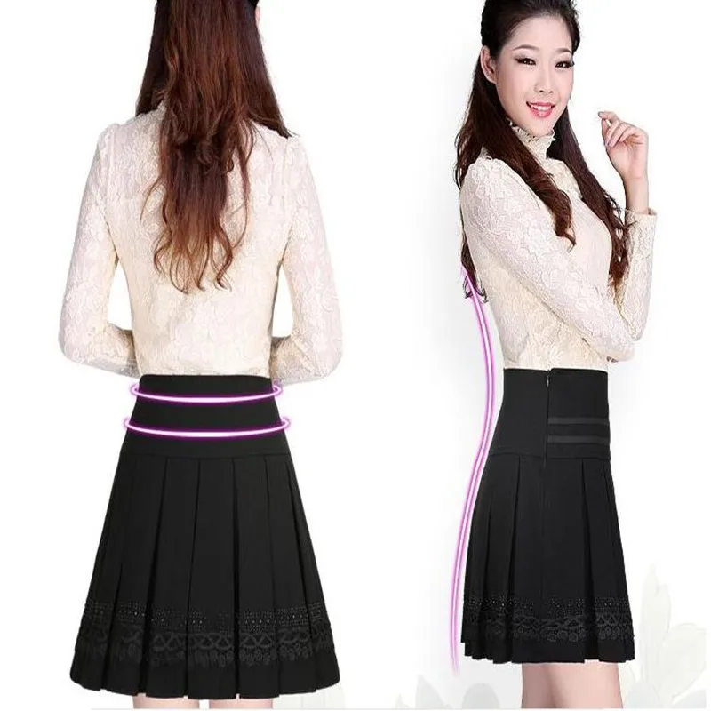 

Women's autumn and winter new solid color large size skirt lace skirt pleated skirt