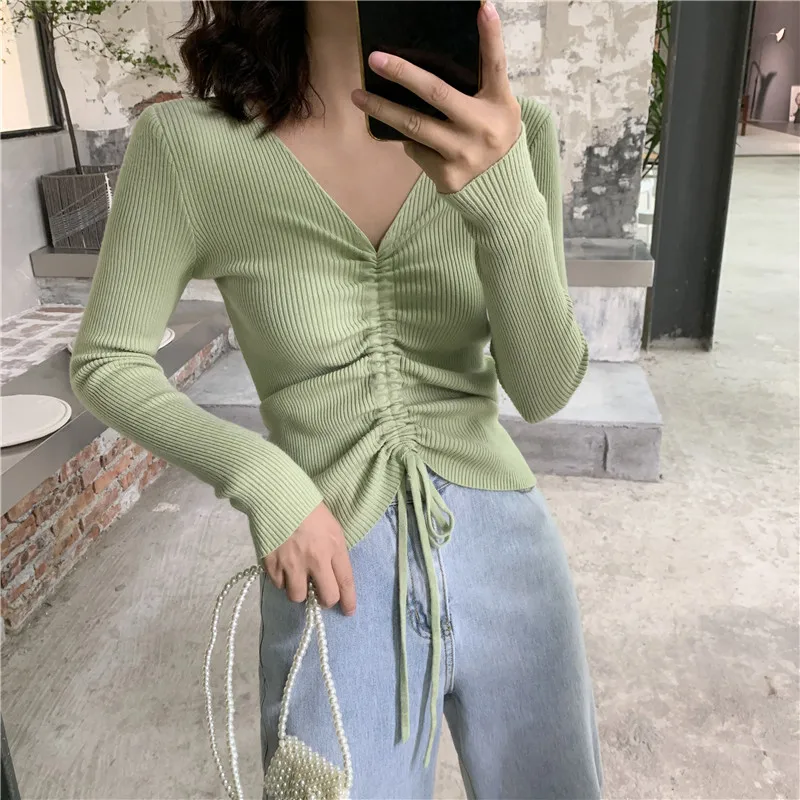 

Autumn Casual Women Pullover Sweater Jumpers Basic Slim Drawstring Female V-neck Knitted Tops Ladies Long Sleeve Jumpers JK320