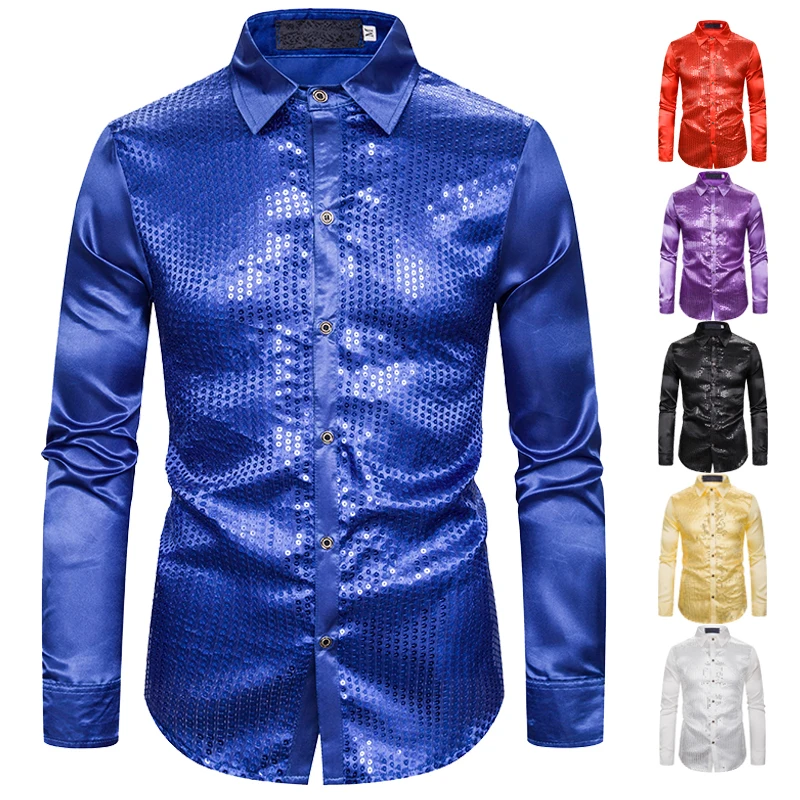 Блестящая рубашка с пайетками для ночного клуба мужская повседневная шелковая