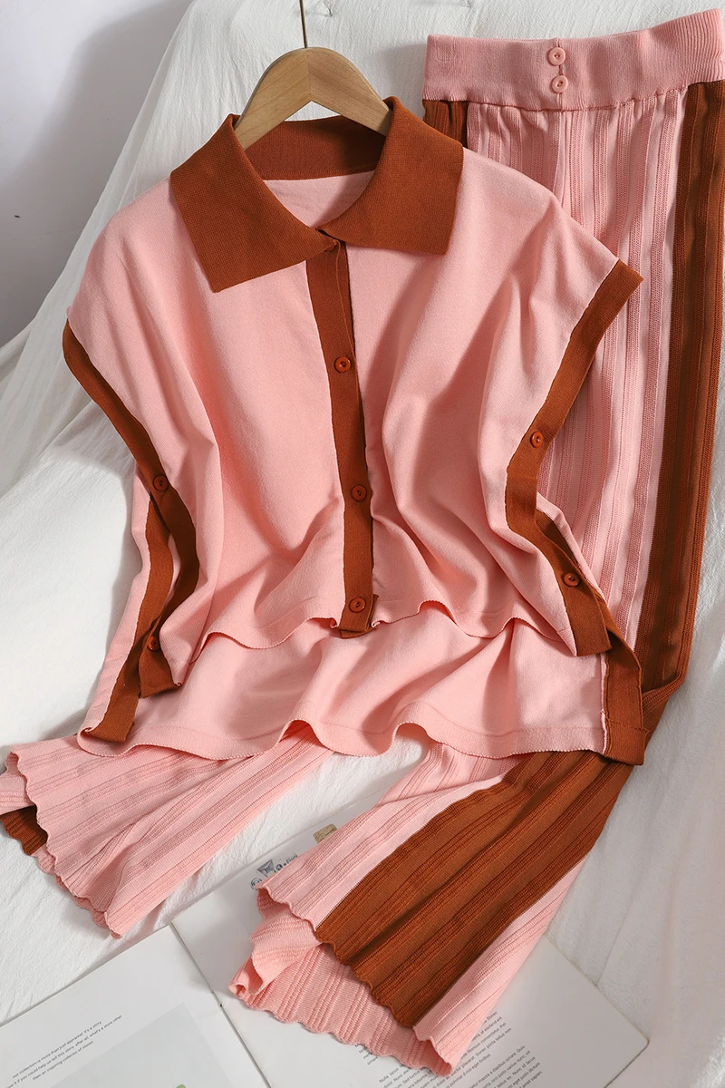 

Summer dress short and long-breasted sleeveless vest top + Korean style pleated pants knitted two-piece suit female trend