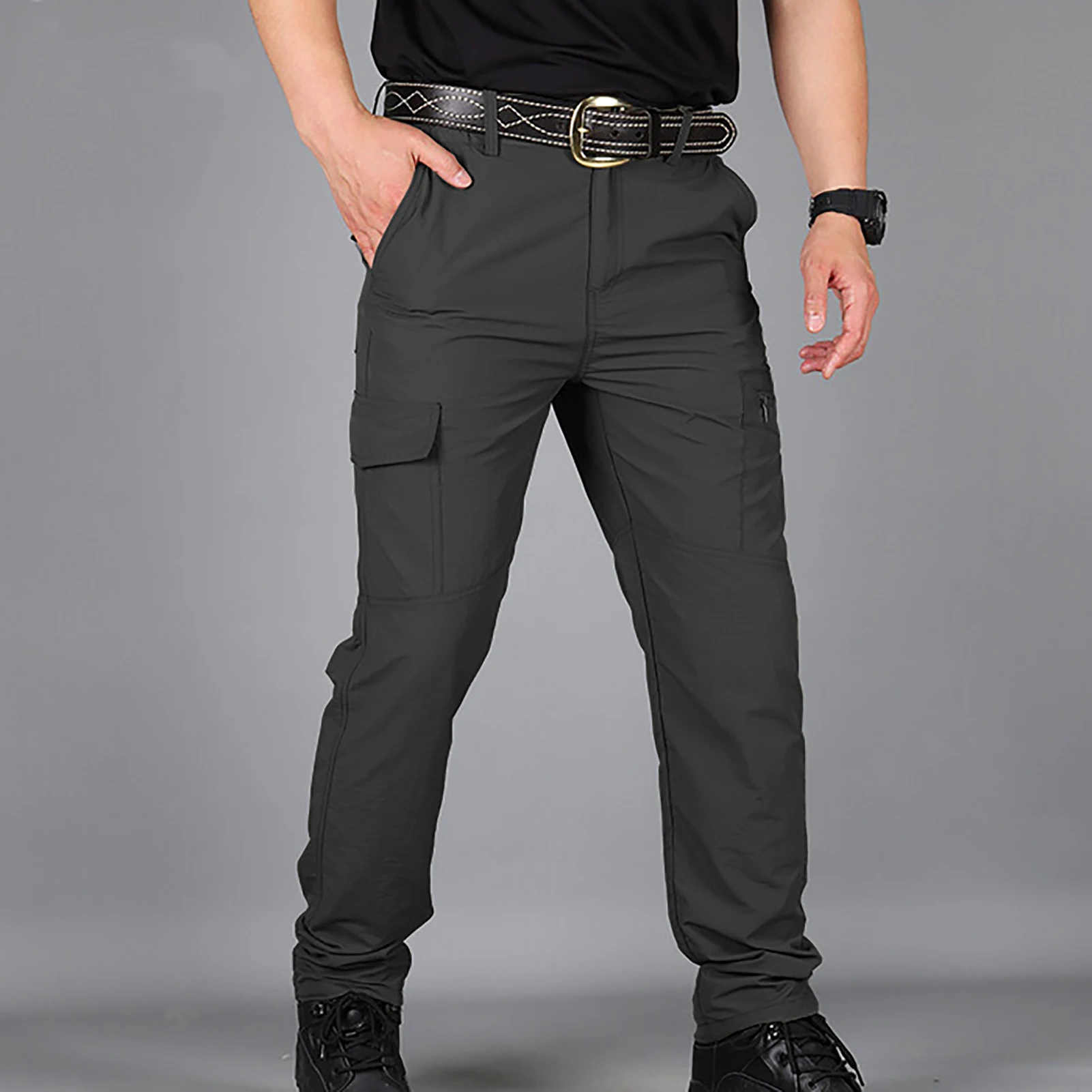 

Men Solid Color Pockets Quick Drying Breathable Joggers Cargo Pants Trousers