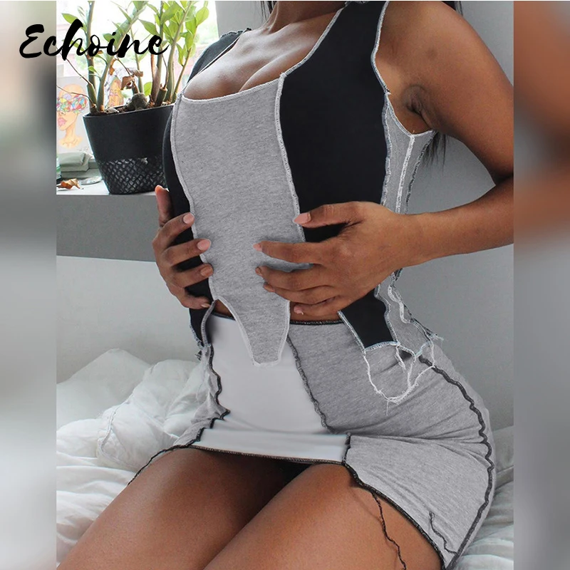

Chic Color Contrast Patchwork Tank Tops Short Skirts 2 Two Piece Sets for Women Street Casual Tee Shirt Suits Mujer Matching Set