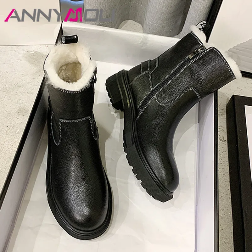 

ANNYMOLI Natural Genuine Leather Platform Mid Heel Ankle Boots Women Buckle Round Toe Shoes Zip Thick Heels Warm Short Boots