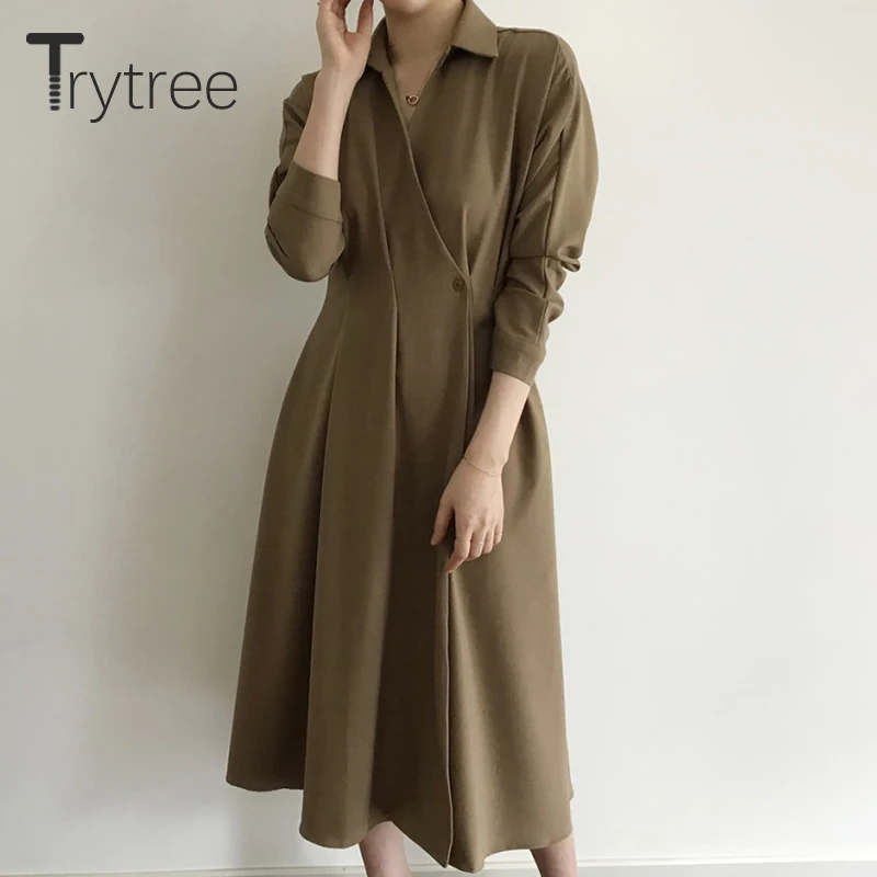 Осень зима 2020 женское Повседневное платье трапеция Trytree с отложным воротником