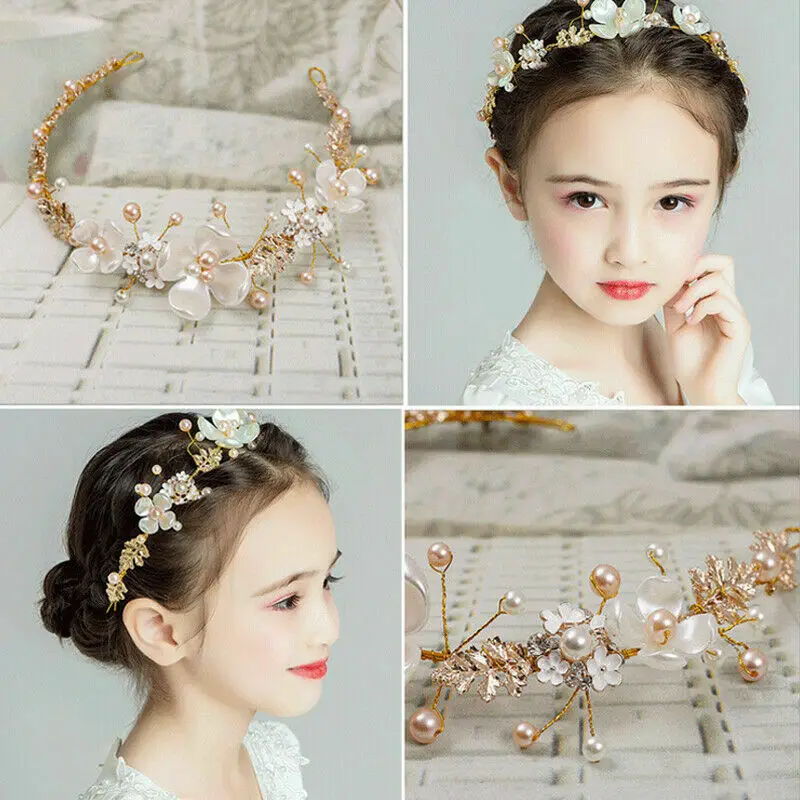 Gold Rhinestone Flower KIds Girl Tiara Crown Headband Headpiece Wedding Party Headwear | Детская одежда и обувь