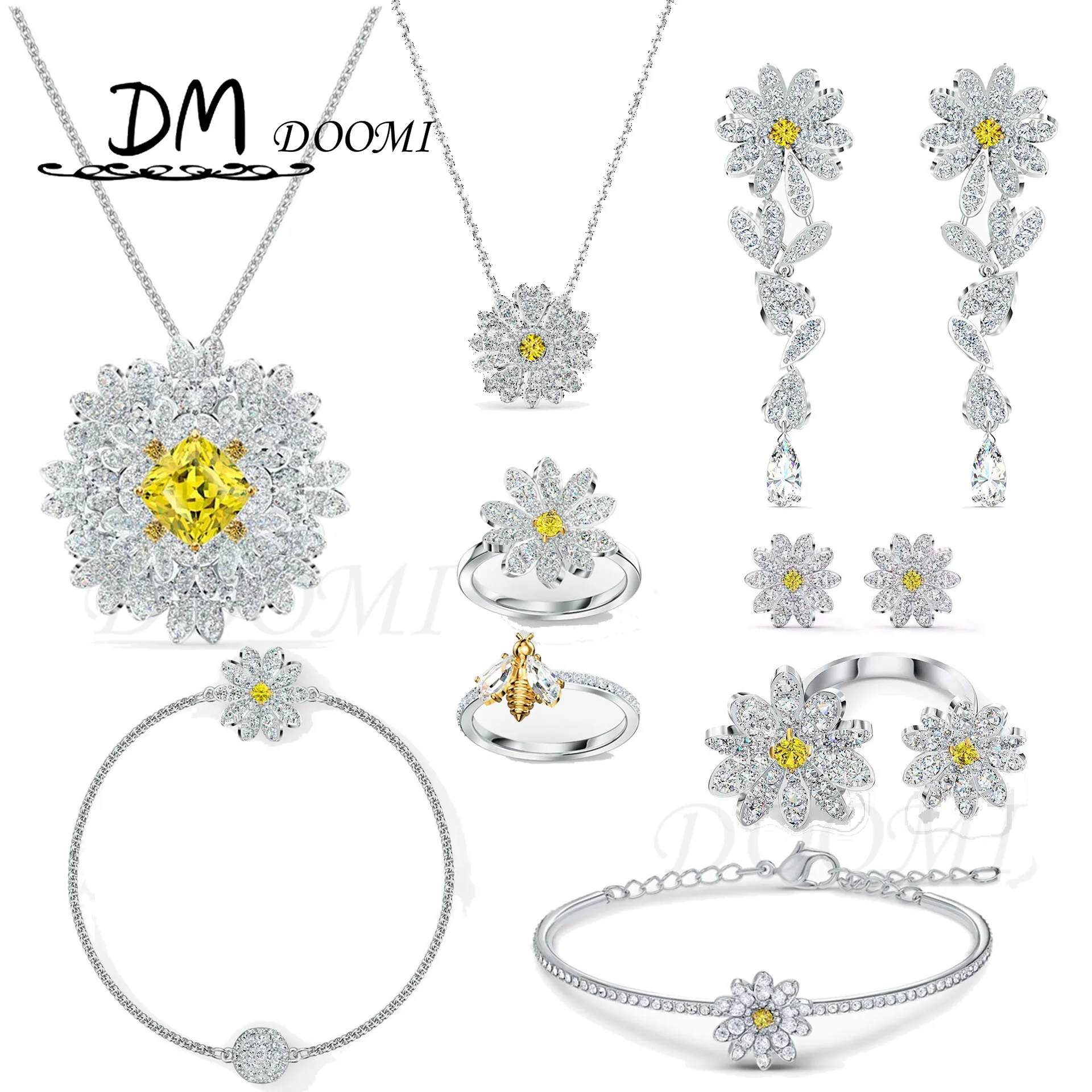 

2020 Fashion Jewelry High Quality SWA1:1 Glamour Sun Flower Yellow Crystal Pendant Necklace Set Daisy Flower Necklace For Women