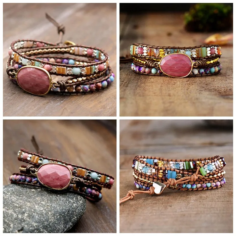 

2020 New Fashion Creative Women Wrap Bracelets Natural Stone Crystal 3Layers Leather Cuff Bracelet Femme Bracelets Gift Dropship