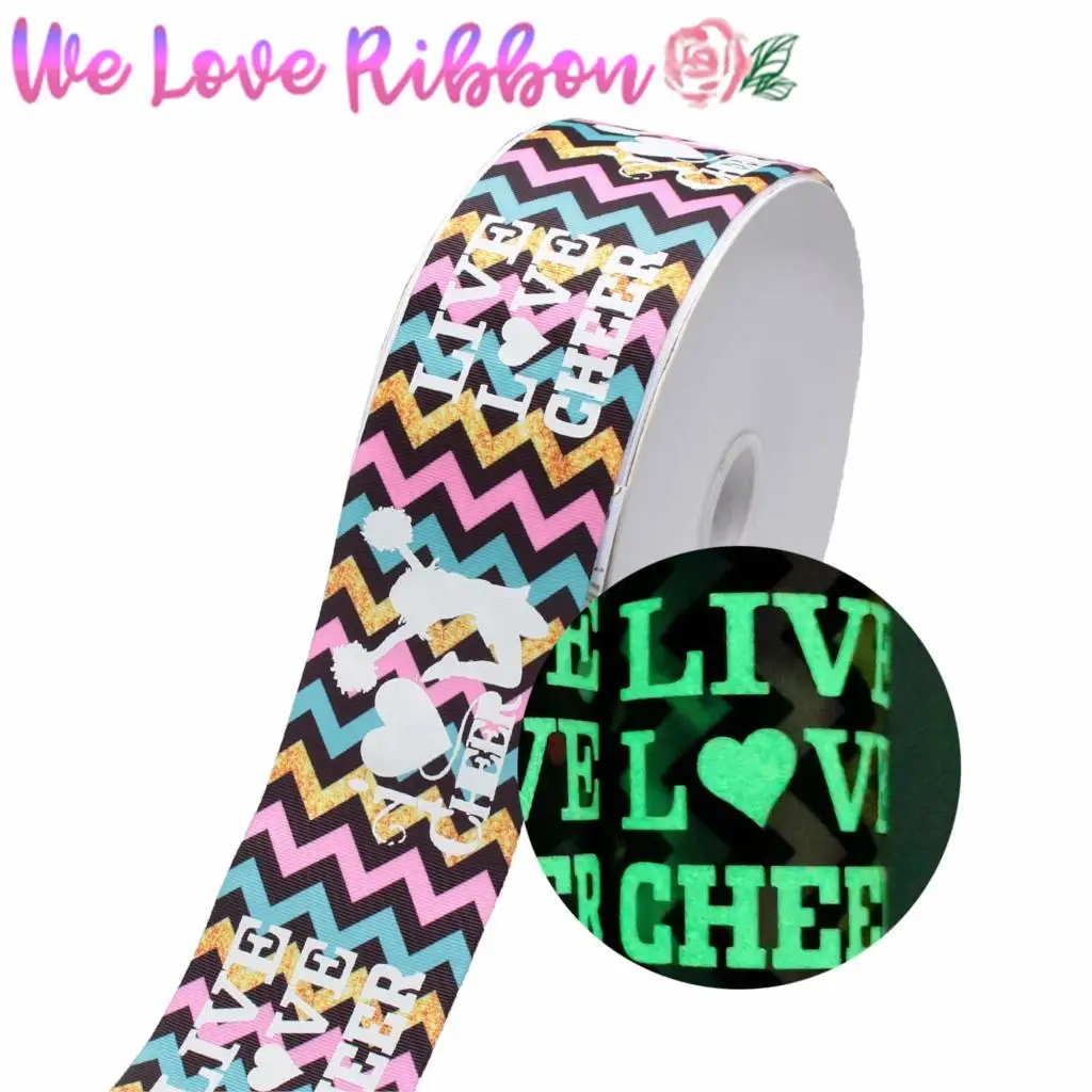 3&quot75mm &quotLive Love Cheer&quot White Ink Printing Glow in the Dark Wave Heart Dots Printed Grosgrain Ribbon DIY Hair Band 50yards/roll | Дом