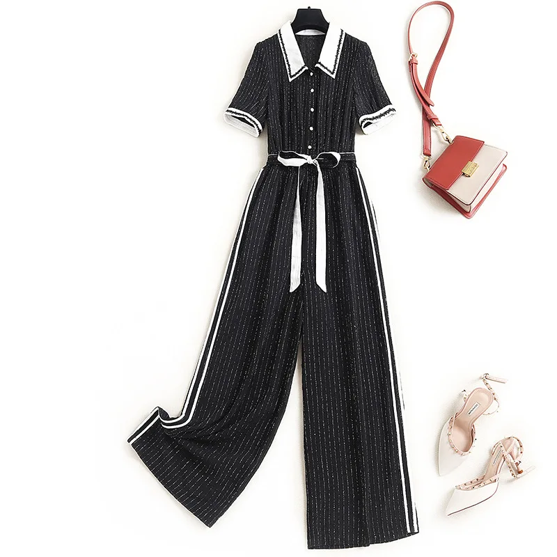 

Women runway designer lurex line chiffon jumpsuit spring summer 2021 short sleeve turn down collar sashes elegant rompers black