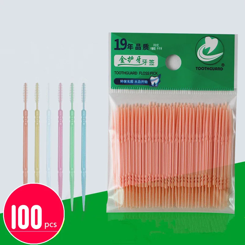 

100pcs Double-headed Dental Brush Teeth Sticks Floss Pick Toothpick Tooth Clean Oral Care Interdental Brush Food Grade PP 6.3cm