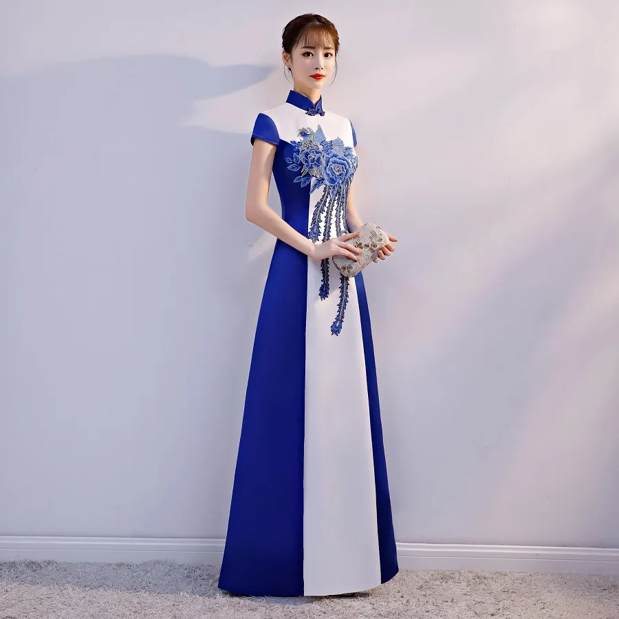 sexy Standing collar Blue and white porcelain improved cheongsam Embroidery Chinese evening dress Vestidos Size S-XXL | Тематическая