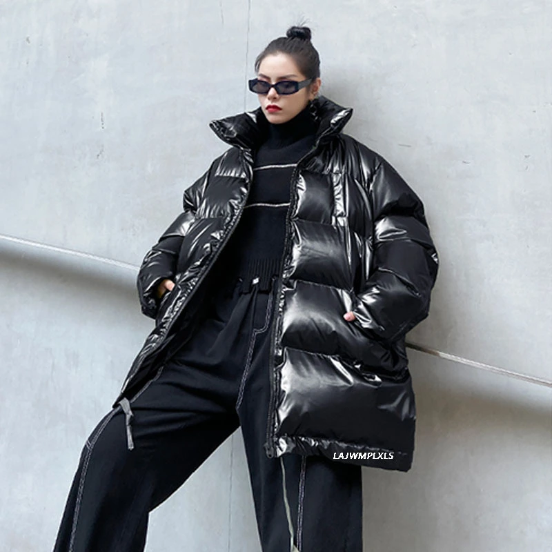 

2021 New Glossy Winter Jacket Women Hooded OverSize Green/sliver/black Down Cotton Coat Long Sleeve Loose Women Puffer Parkas