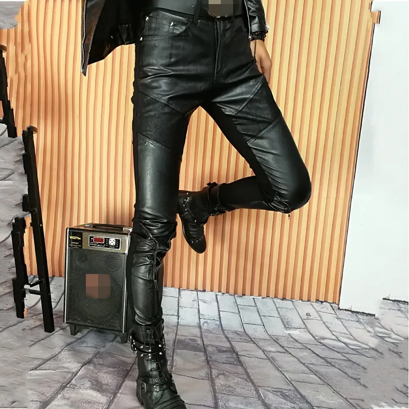 

Korean Style Men PU Leather Pant Spliced Zipper Decoration Skinny Trousers Males Autumn Winter Thick Warm Casual Pencil Pant