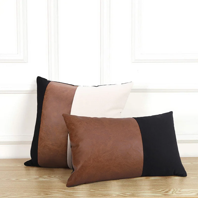 

45*45 PU Leather Patchwork Throw Pillow Linen Cotton Bedroom Office Sofa Chair Decorative Cushion Cover Home Decor Pillowcase