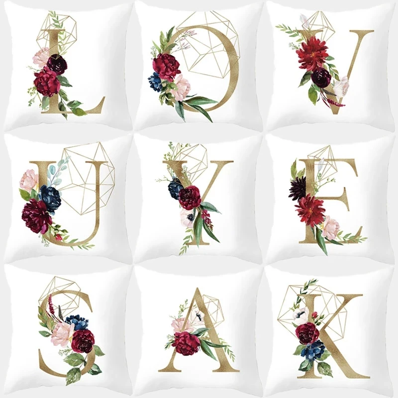 

Golden Letter Cushion Cover 45*45 Pillowcase Red Flowers Decorative Sofa Cushions Pillowcover For Home Decor fundas para cojines