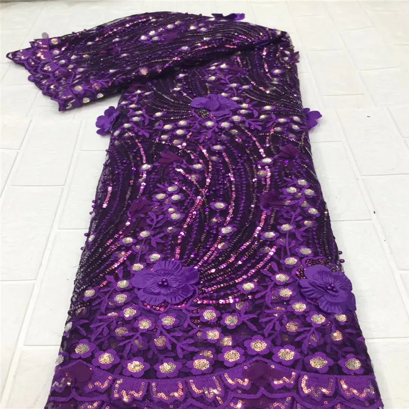

African Sequins Lace Fabrics beads 3D Flower High Quality French Lace Fabric Nigerian Tulle Lace Fabrics For Wedding Dress