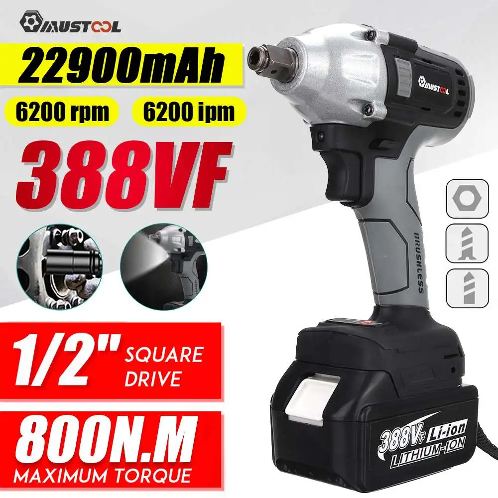 

800N.m 388VF Brushless Electric Impact Wrench Rechargeable 22900mAh 1/2 Sokcet Cordless Wrench Power Tool for Makita 18V Battery