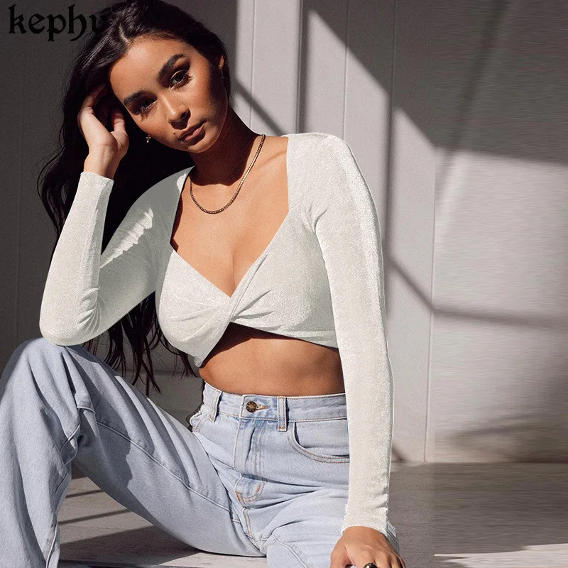 Женский летний сексуальный однотонный топ с V-образным вырезом и длинным рукавом