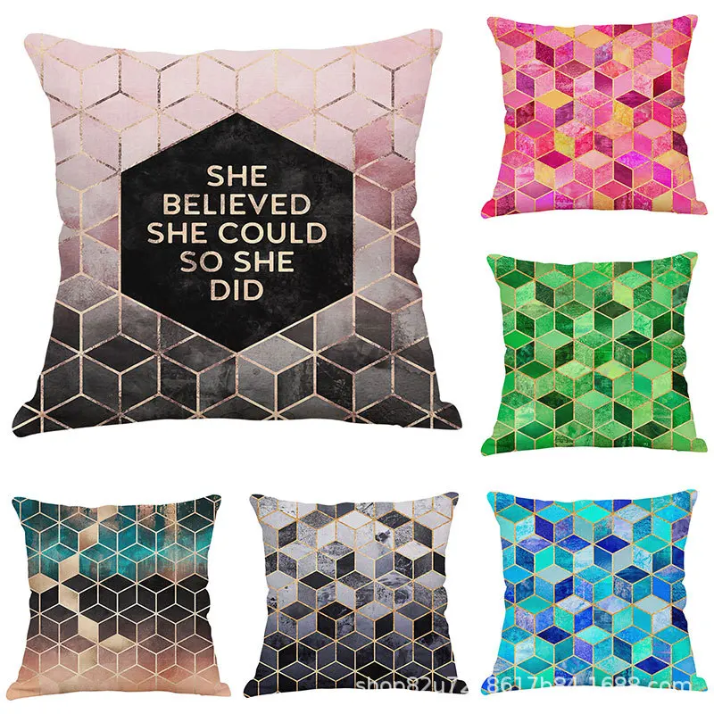 

Colorful Geometric Bronzing Sofa Linen Pillow Cover 18x18in Car Lumbar Cushion Cover Office Sofas Plush Cushion Cover 45x45