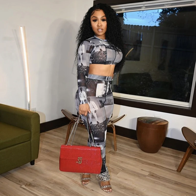 

Clacive Spring Mesh Printed Tracksuit Set Vintage O Neck Short Tops Skinny Pants Set Bodycon Knitted Two Piece Set Streetwear