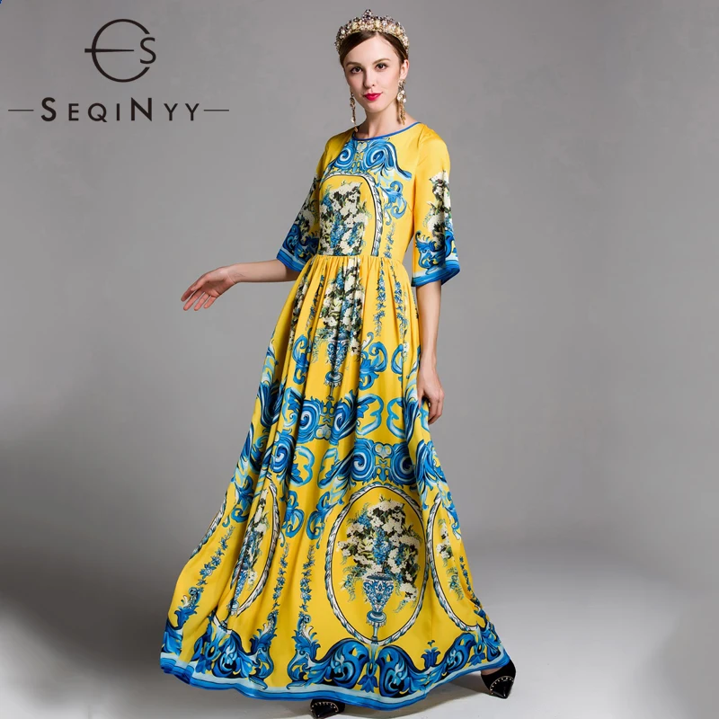 SEQINYY Long Dress 2020 Spring Autumn New Fashion Design Women Half Flare Sleeve Flowers Printed Vintage Elegant Yellow | Женская одежда