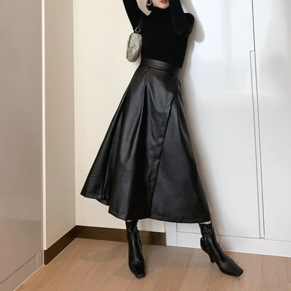 

Women Solid Black PU Leather Skirts Spring 2021 Fashion Steet Wear A-Line Swing High Waist Split Skirt Office Lady Punk Style