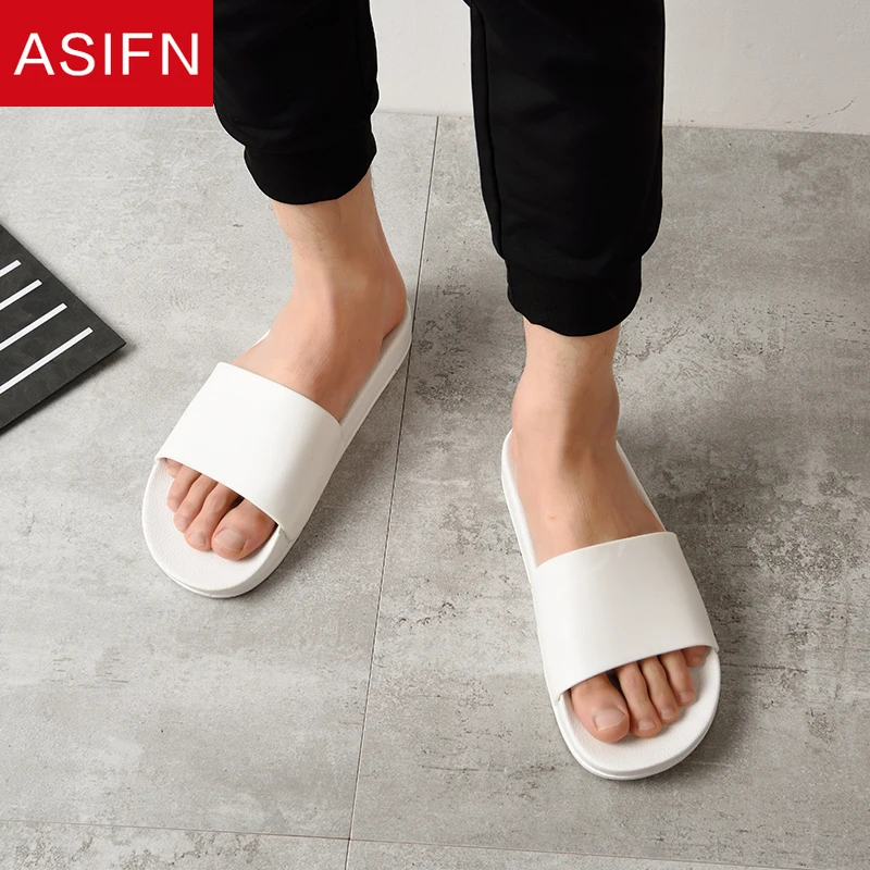 

ASIFN Men Slippers Black and White Shoes Non-slip Slides Bathroom Summer Casual Style Soft Sole Flip Flops Zapatos Hombre