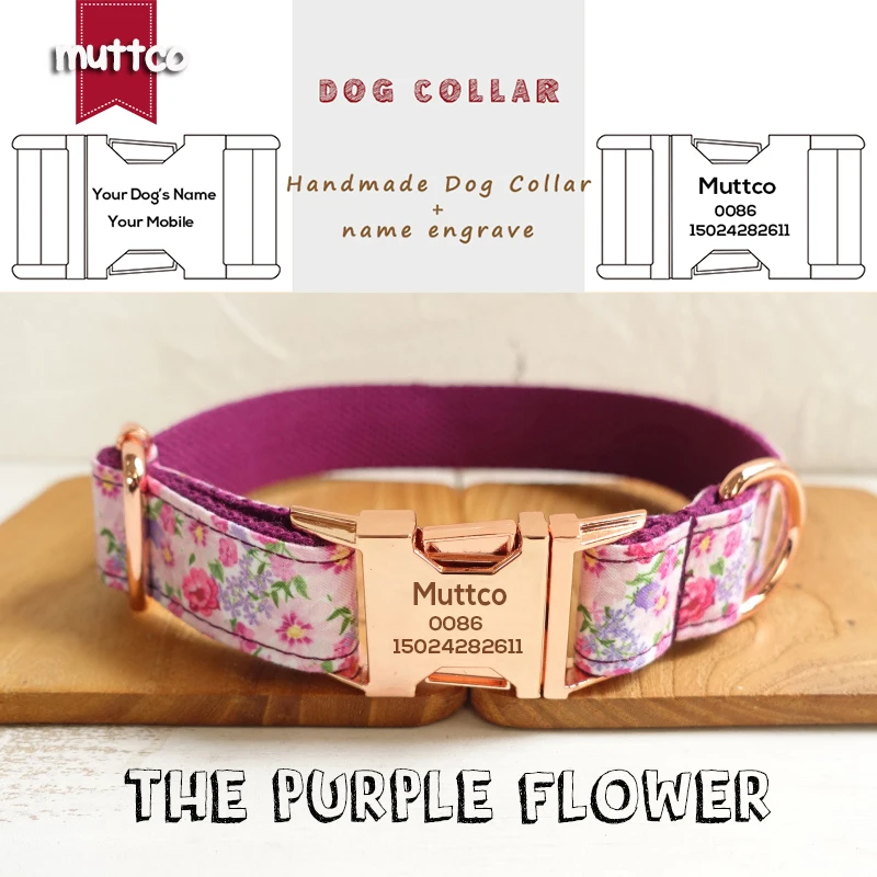 

MUTTCO retailing engraved personalized dog ID collar THE PURPLE FLOWER creative style dog collars and leashes 5 sizes UDC049M