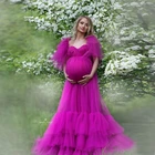 Очаровательные фатиновые платья фуксии для беременных для фотосъемки красивое милое платье с коротким рукавом с многоярусными оборками Пышное Сетчатое плавучее платье