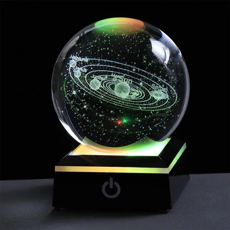 Sistema Solar de cristal K9, globo terr&aacute;queo grabado con l&aacute;ser 3D, bola con Interruptor t&aacute;ctil, Base de luz LED, regalo de decoraci&oacute;n del hogar, 80mm, nuevo-1