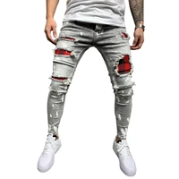 new fashion mens jeans spliced ripped denim pants pencil jeans slim patch pants red check plaid pants elastic waistline s 3xl