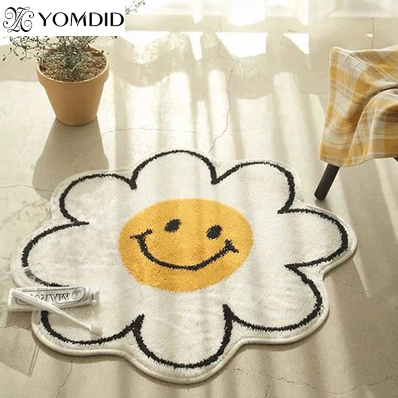 

Ins Nordic Door Mat Bathroom Absorbent Floor Mats Living Room Soft Decorative Smiley Carpet Flower Shape Machine Washable Rugs