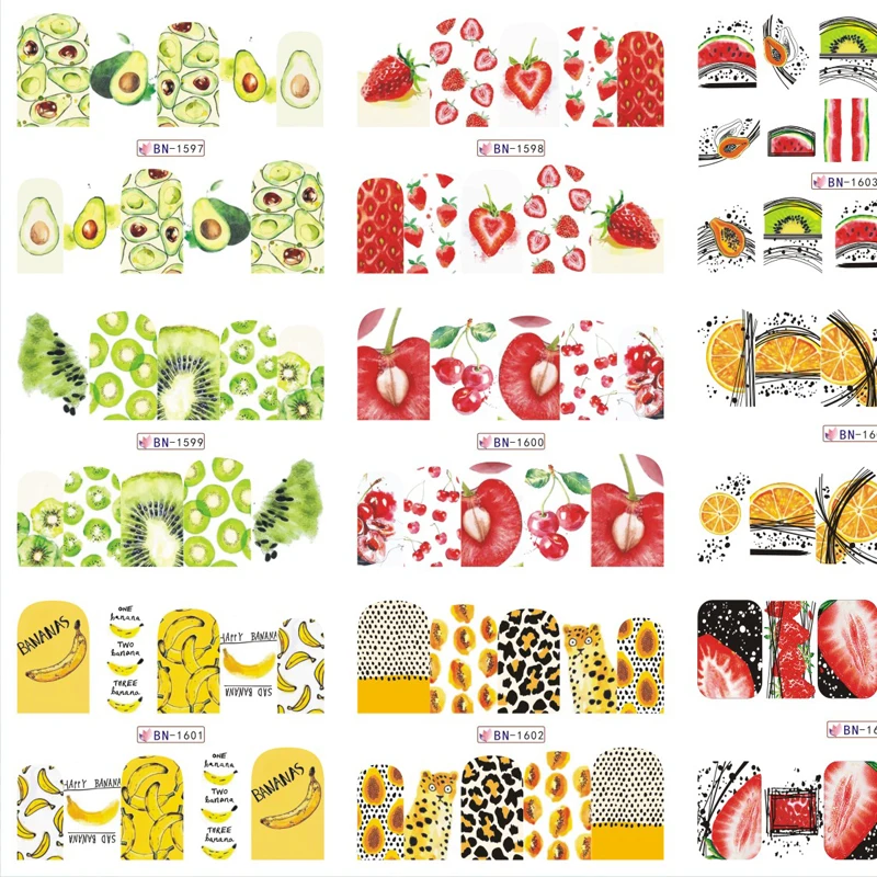 

12pcs Summer Fruit Water Decals Watermelon/kiwi/banana/lemon/ Strawberry Designs Nail Stickers Wraps Slider Decals 2020