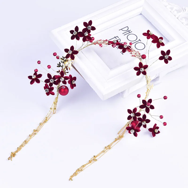 Золотая кисточка повязка на голову бордовый ткань украшение из цветов для