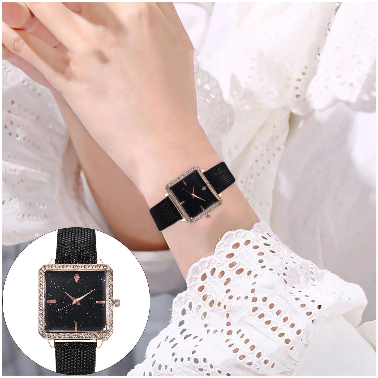 

Кварцевые часы с квадратным циферблатом, белые часы с кожаным ремешком и кристаллами для женщин, повседневные стильные Подарочные наручные...