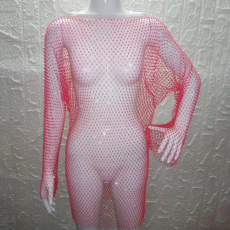 Сетчатые блестящие стразы платье с длинным рукавом и круглым вырезом прозрачное