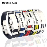 customized silicone bracelet stainless steel diy engrave name date bracelet for women men customized logo couple jewelry gift