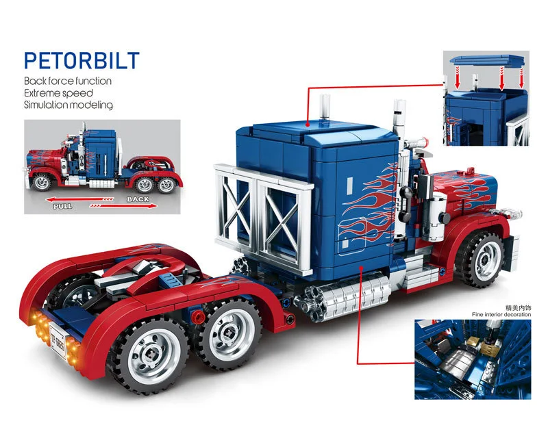 Технический строительный блок Peterbilt 389 трактор мышцы модель грузовика вытяните