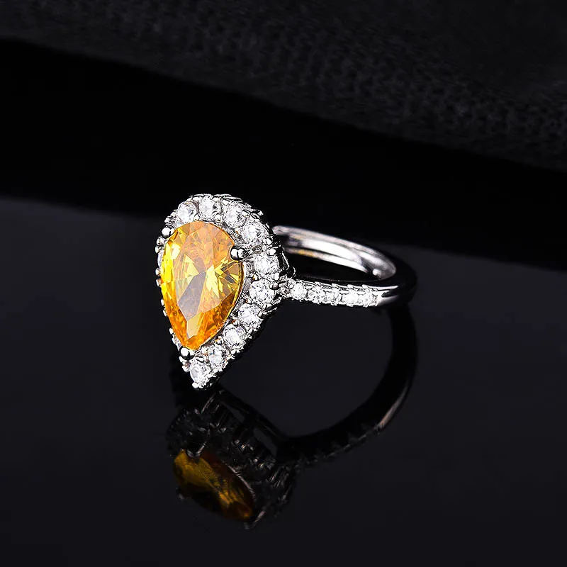 

BLACK ANGEL 925 Silver Large Water Drop Shaped Luxury Pink Gemstone Citrine Adjustable Women Wedding Ring Fashion Jewelry Gift