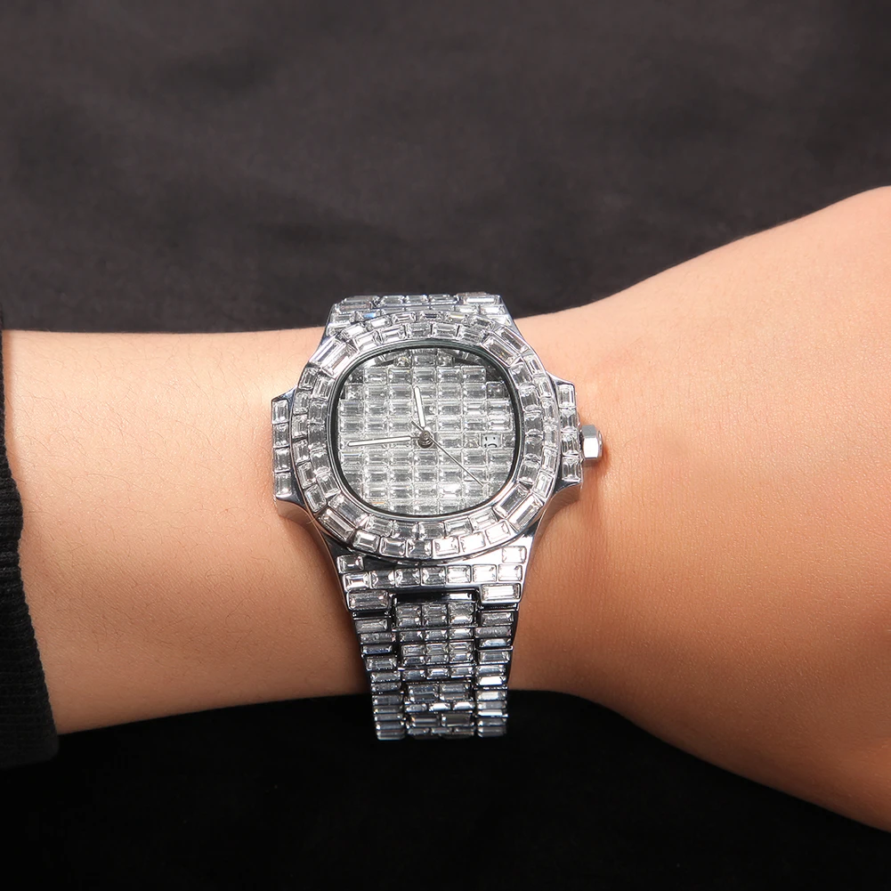 

THE BLING KING Iced Out Baguette Rhinestone Diamond Luxury Design Watch For Men Waterproof Stainless Steel Watch Clock Relogio