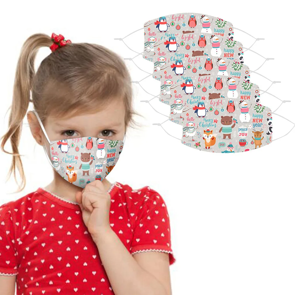

5PC Kids Unisex Christmas X-mas Cartoon Prints Face-Mask Dustproof Washable Warm Breathable Mouth Facemasks Mascarilla Masque C