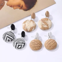 bohemian handmade wooden rattan knit drop earrings for women straw weave round statement pendant dangle earrings fashion jewelry