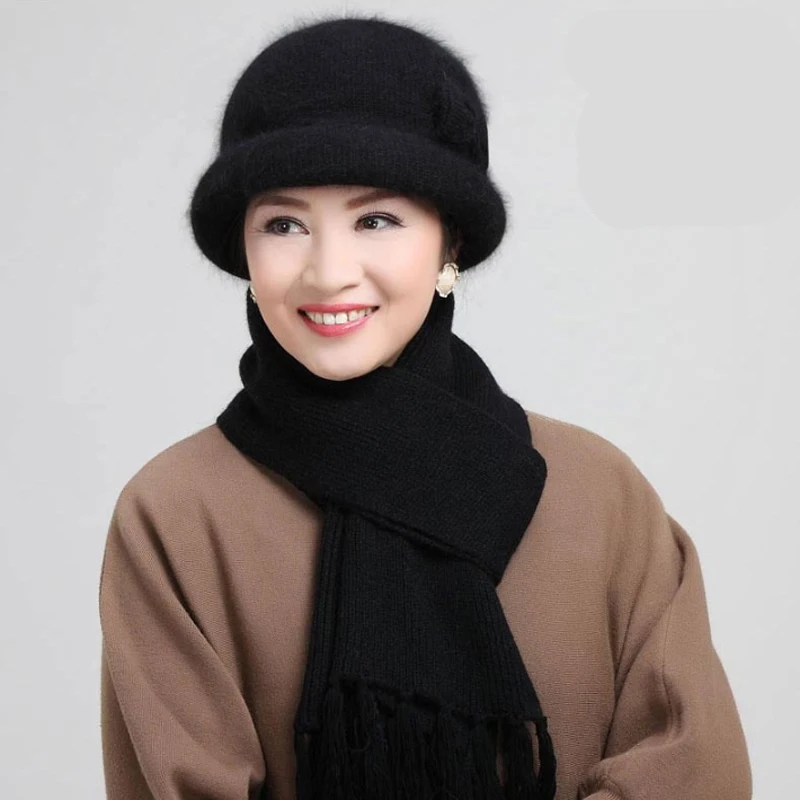 

New Women Hat Scarf Set Winter Mom Hat And Scarf Set For Women Rabbit Fur Hat Elegant Winter Women Wool Knitted Hat Warm Thick