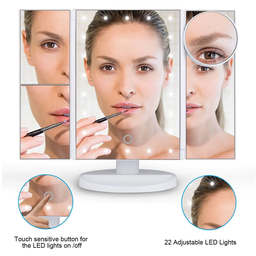 Большой зеркало для макияжа с натуральным светодиодный свет складываются в три