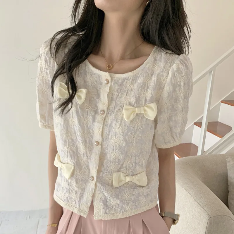 

Hzirip O Neck Puff Sleeve Design Bow Short-Sleeved Shirt Female 2021 Students Summer New All-Match Chic Fashion Gentle Top