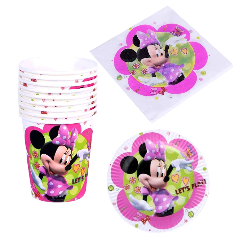 

Happy Birthday Party Towels Minnie Mouse Theme Tableware Set Napkins Plates Cups Baby Shower Decorations Dishes Glass 60pcs/lot