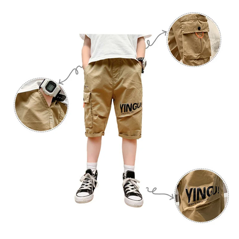 

2021 New Summer Children Khaki Shorts For Teens Boys Loose Style Cotton Short Cargo Pants For Teenagers Age 5 7 9 11 13 14 Years