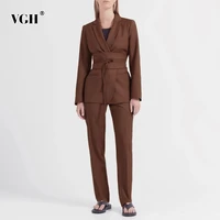 vgh casual coffee two piece set for women notched long sleeve tunic blazer high waist straight pant solid pants suits female new